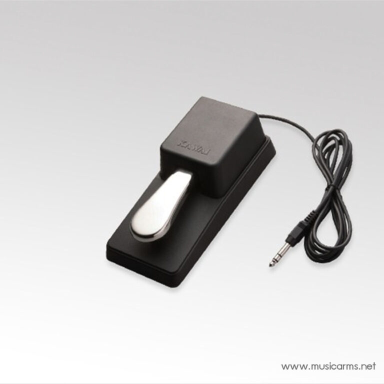 Black sustain pedal with metal foot lever on a gray background, connected to a 1/4-inch plug and cord. ขายราคาพิเศษ
