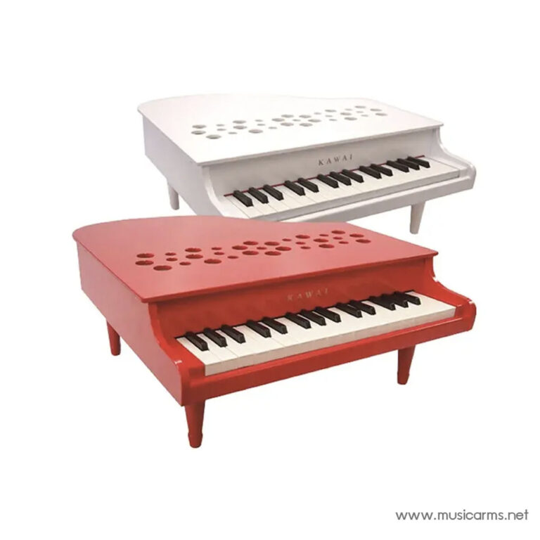 Two miniature upright pianos, one white and one red, with perforated lids and black-and-white keyboards viewed from a three-quarter angle. ขายราคาพิเศษ