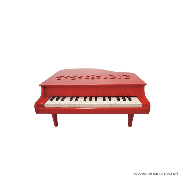 Red miniature piano with white and black keys, perforated lid, brand 'KAWAI' on the front. ขายราคาพิเศษ