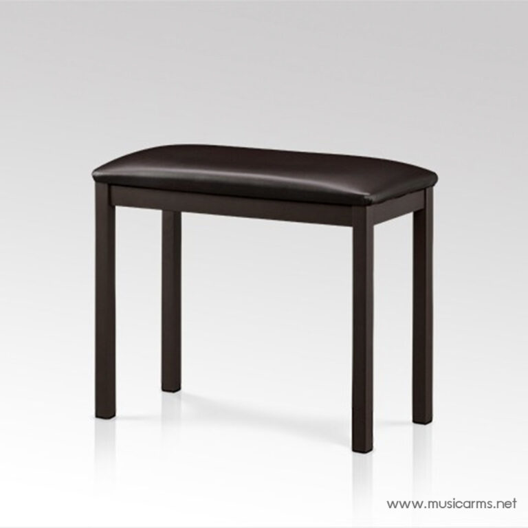 Dark brown wooden bench with a padded black seat, set against a light gradient background. ขายราคาพิเศษ