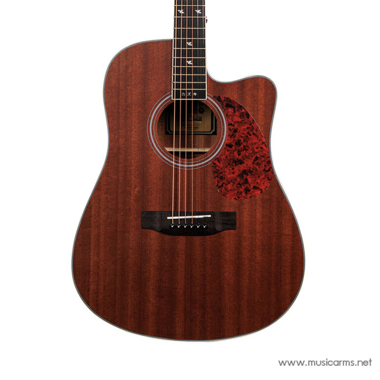 Dark wood finish acoustic guitar with a cutaway body, circular sound hole, and red tortoiseshell pickguard on the body edge. ขายราคาพิเศษ