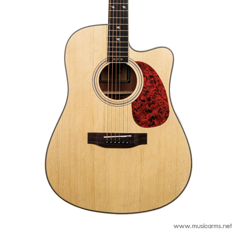 Light-colored acoustic guitar with a red tortoiseshell pickguard and six strings on a natural wood finish surface. ขายราคาพิเศษ
