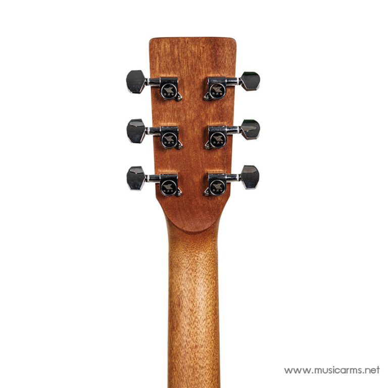 Back view of a wooden guitar headstock with six chrome tuning pegs, three per side, on a light white background. ขายราคาพิเศษ
