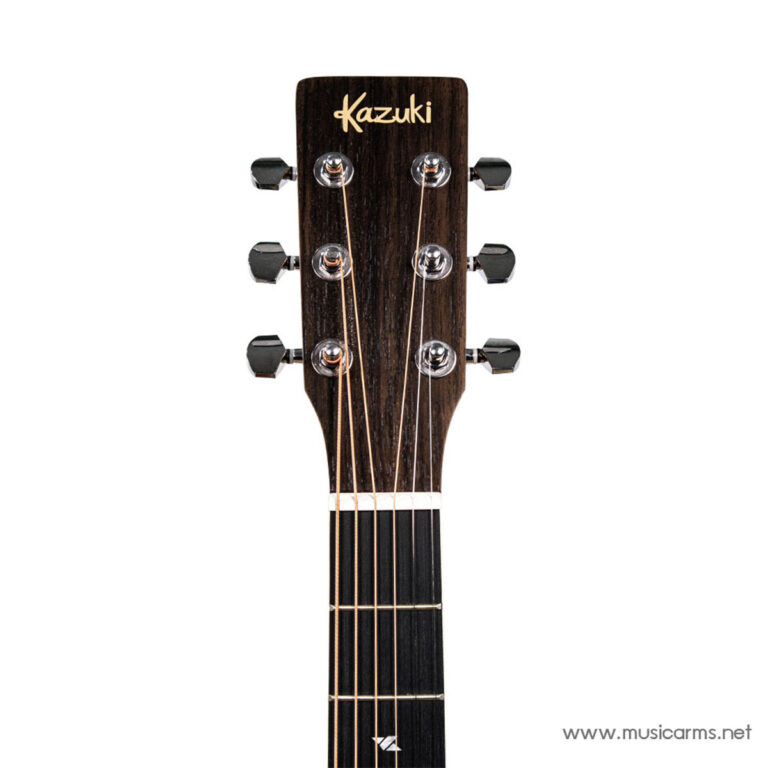 Headstock of a Kazuki guitar with six tuning pegs and strings visible on a dark wood finish. ขายราคาพิเศษ