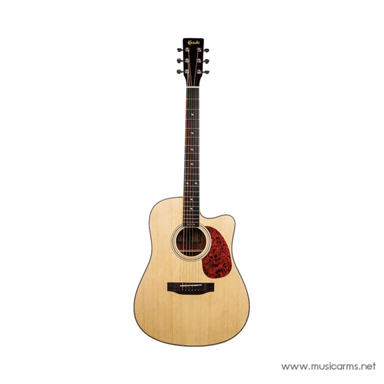 Natural finish acoustic guitar with a dreadnought body, six strings, and a red tortoiseshell pickguard; headstock bears the brand name 'Kazuki' with tuning pegs visible. ขายราคาพิเศษ