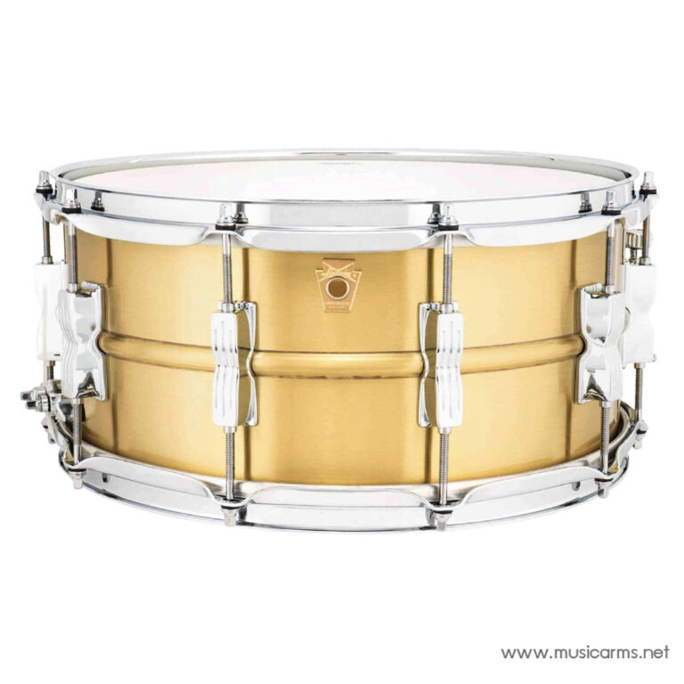 Gold brass snare drum with chrome hardware and white lugs, side view. ขายราคาพิเศษ