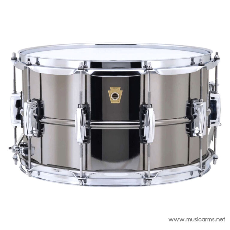 Chrome steel snare drum with chrome hardware and tension rods, viewed from the side. ขายราคาพิเศษ