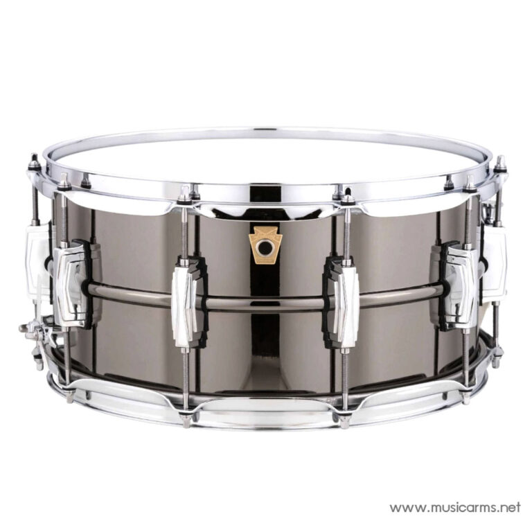 Polished chrome snare drum with metal hoops and lugs, shown from the side. ขายราคาพิเศษ