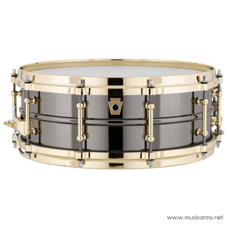 Gold hardware snare drum with a black shell, shown from the side. ขายราคาพิเศษ