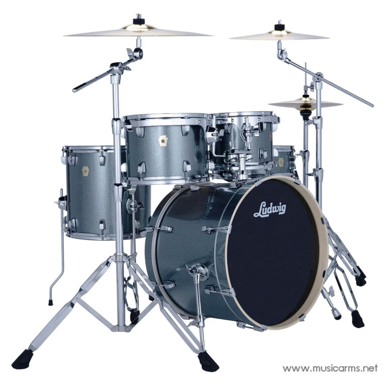 Full five-piece drum kit with bass drum, two toms, floor tom, snare, cymbals, and stands against a white background. Ludwig logo on the bass drum. ขายราคาพิเศษ