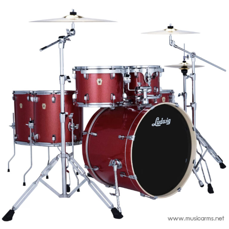 Red drum set with bass, floor tom, two rack toms, cymbals, and stands seen from a three-quarter angle (informative image). ขายราคาพิเศษ