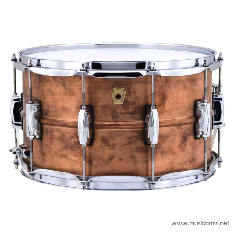 Wooden snare drum with chrome hardware and metal rims, shown from the side against a white background. ขายราคาพิเศษ