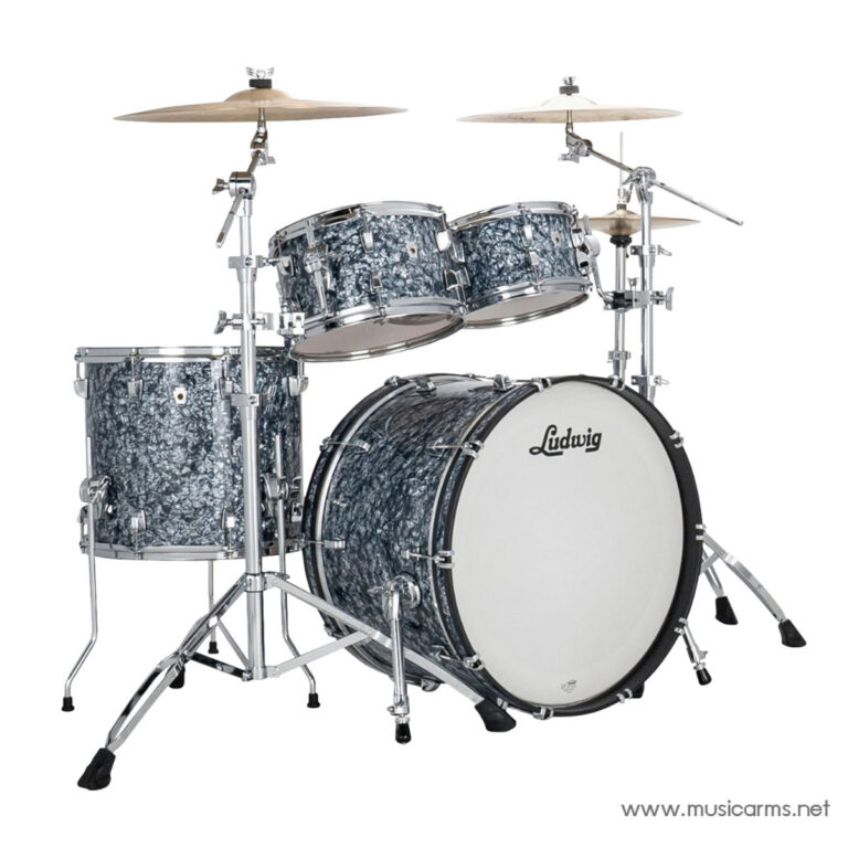 Blue-speckled Ludwig drum set with bass drum, two mounted toms, floor tom, snare, and cymbals on chrome hardware. ขายราคาพิเศษ