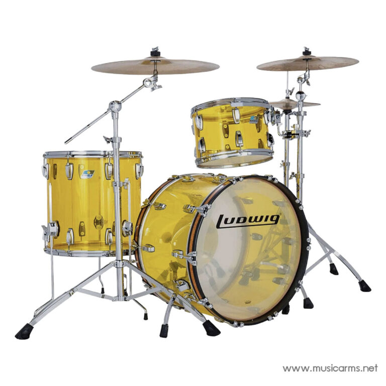 Yellow Ludwig drum kit with bass drum, two toms, floor tom, and cymbals on stands set against a white background ขายราคาพิเศษ