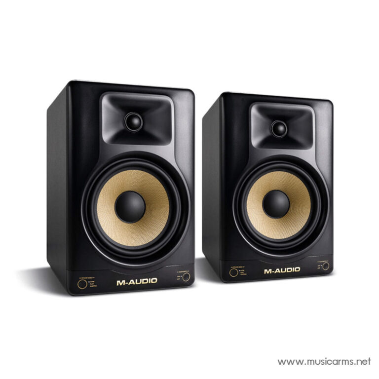 Pair of black M-Audio studio monitor speakers with gold woofer cones facing forward. ขายราคาพิเศษ