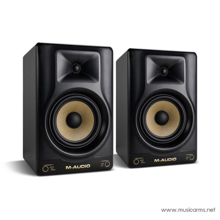 Pair of black M-Audio studio monitor speakers facing forward with gold woofer cones and horn tweeters. ขายราคาพิเศษ