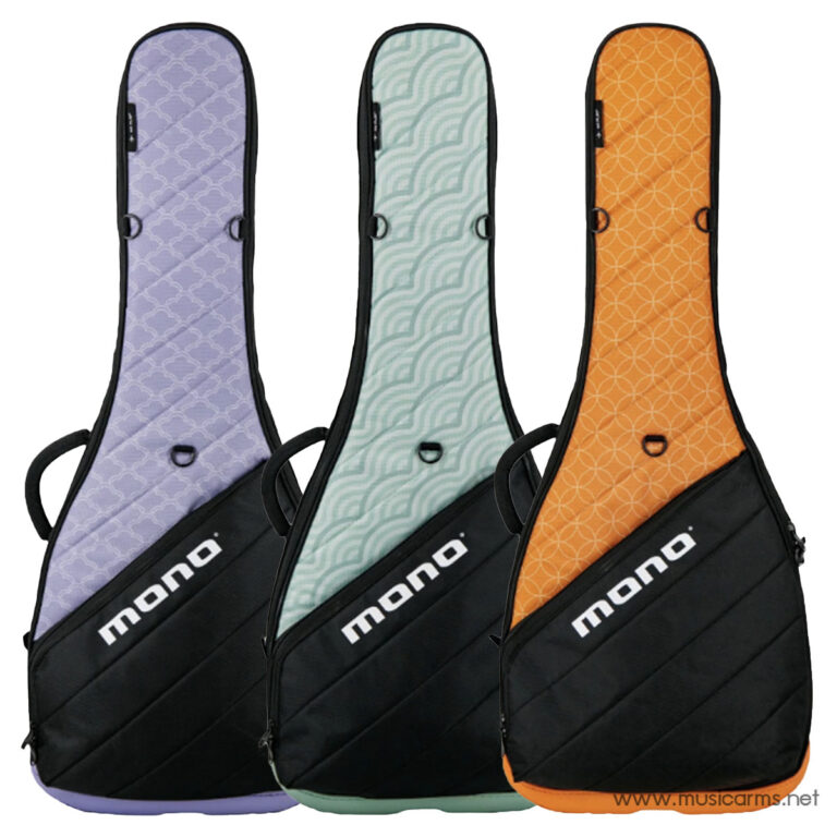 Three MONO gig bags for guitars or ukuleles, lavender, teal, and orange, with black bottoms and geometric patterns. ขายราคาพิเศษ