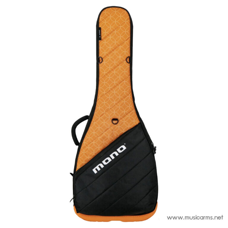 Orange and black guitar soft case standing upright, orange geometric lining with MONO logo on the front pocket ขายราคาพิเศษ