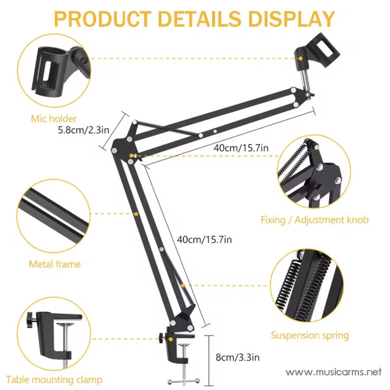 Exploded diagram of a black adjustable microphone arm stand showing the mic holder, table clamp, suspension spring, and joints with labeled dimensions in cm and inches. (Informative image: product details display for a mic arm.) ขายราคาพิเศษ