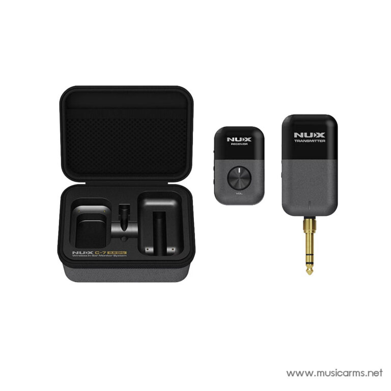 NUX wireless in-ear monitor system set: open hard case with receiver (bodypack) and transmitter components inside, plus a gold 1/4" plug accessory outside the case ขายราคาพิเศษ