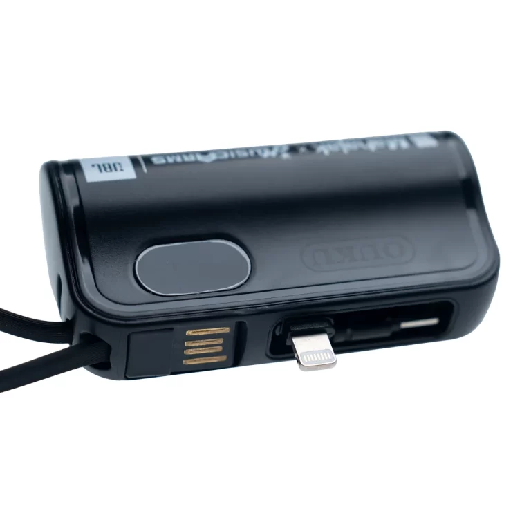 Black action-camera battery pack with USB port and gold charging contacts facing outward. ขายราคาพิเศษ