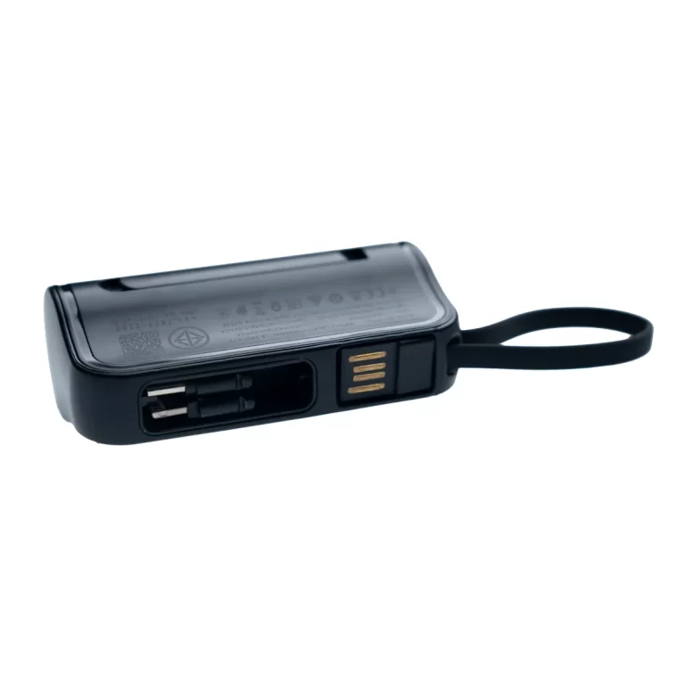 Small black removable battery pack with three gold charging contacts and a loop strap for attachment ขายราคาพิเศษ