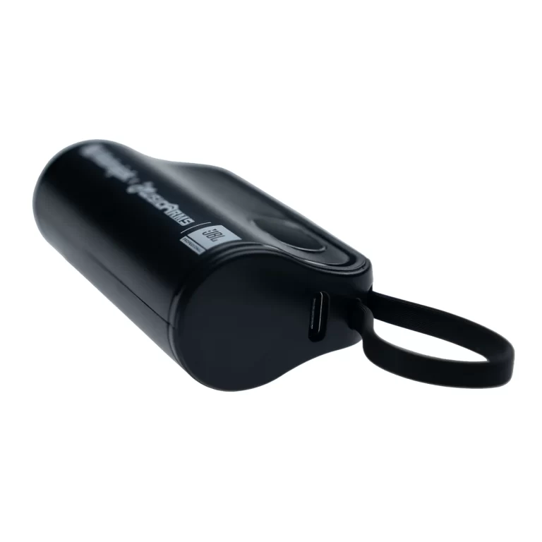 Compact black USB-C rechargeable power bank with a built-in loop strap for easy carrying ขายราคาพิเศษ