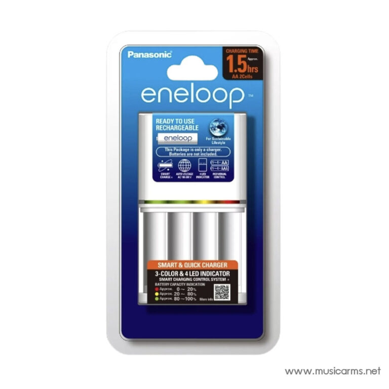 Panasonic Eneloop smart charger package with three AA rechargeable batteries against a blue label. ขายราคาพิเศษ