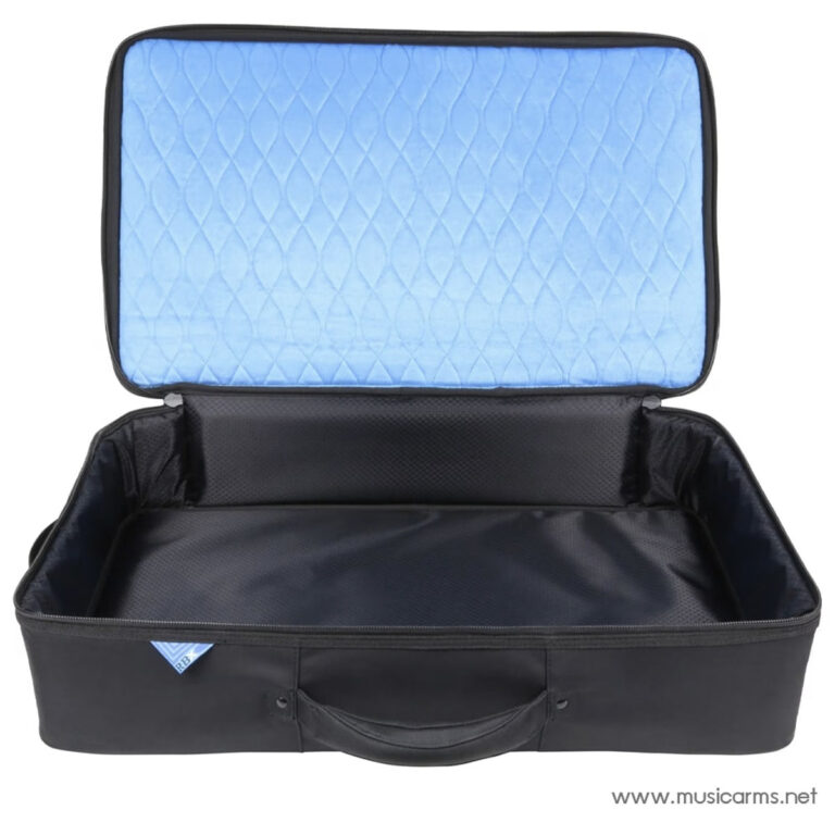 Open black rectangular instrument case showing blue quilted padded lining; empty inside with a handle visible in front. ขายราคาพิเศษ
