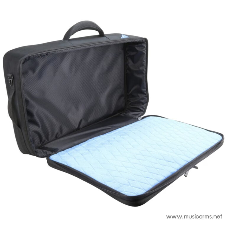 Open black rectangular bag with a blue padded interior, shown with zipper halfway and a top handle ขายราคาพิเศษ