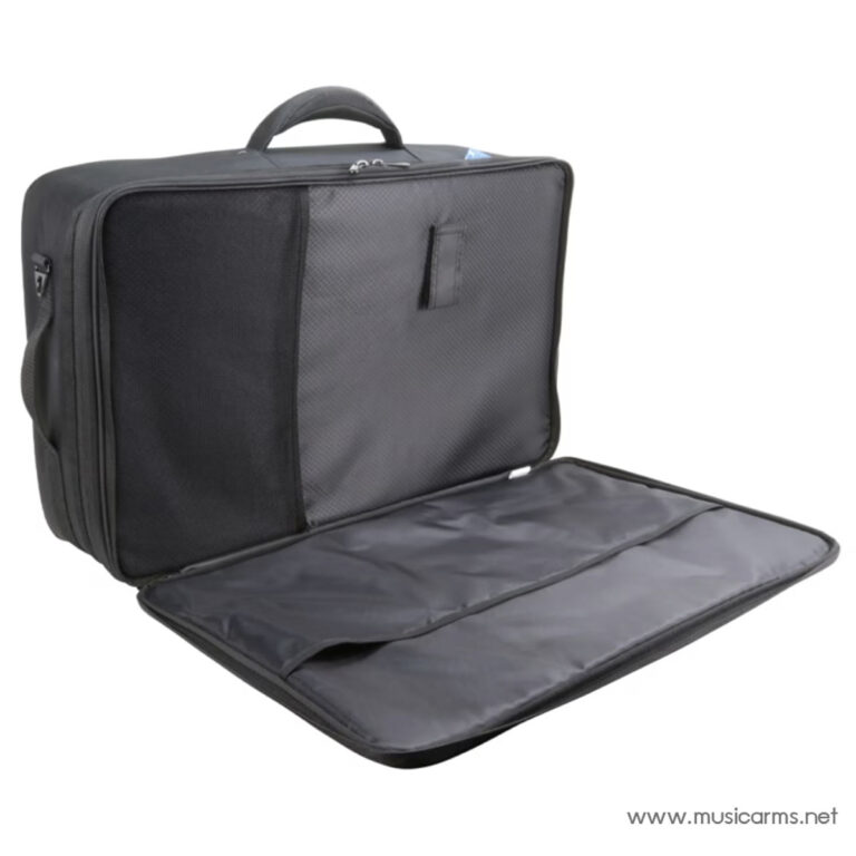Black laptop bag opened to show padded interior and main compartment, with a top carrying handle. ขายราคาพิเศษ