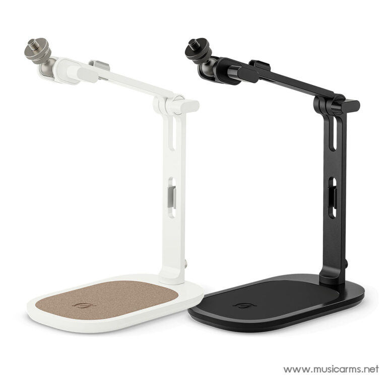 Pair of adjustable desk microphone arms in white and black with jointed booms and weighted bases, ready to hold microphones for a studio setup ขายราคาพิเศษ