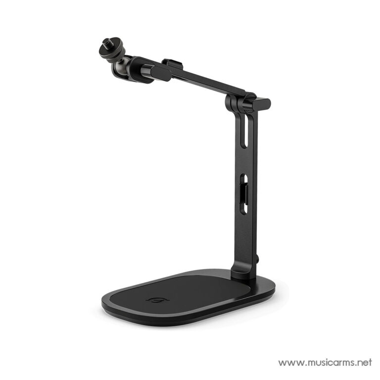 Black adjustable microphone arm attached to a weighted desk base, with flexible joints for positioning a mic or accessory. ขายราคาพิเศษ