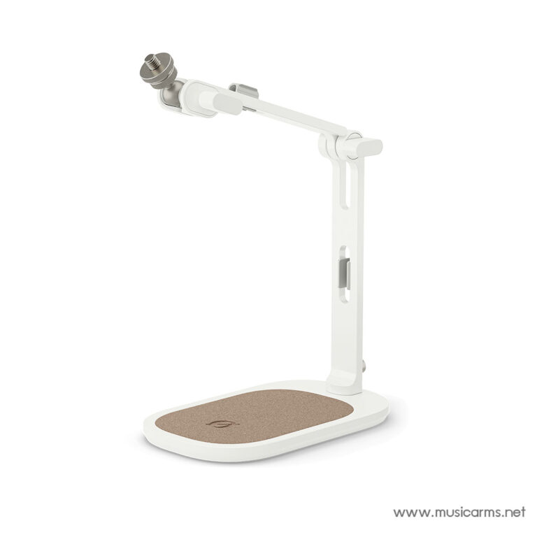 White adjustable desktop stand with a cork-topped base and articulating arm, topped by a threaded mount for attaching a mic or accessory. ขายราคาพิเศษ