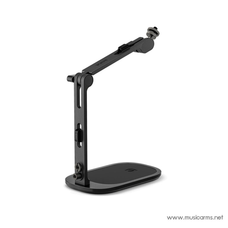 Black adjustable desk-mounted arm with a weighted oval base, vertical support, and a jointed top arm for holding a device (e.g., microphone, camera, or tablet). ขายราคาพิเศษ