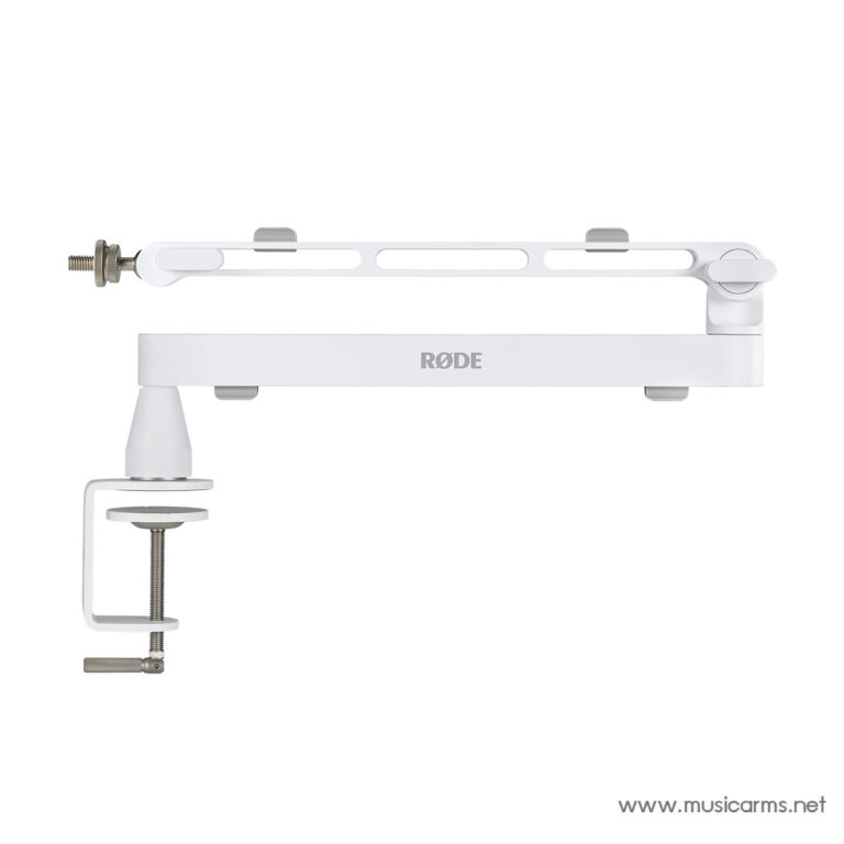 White RØDE microphone boom arm with adjustable arm, mounting clamp, and studs for attachment. ขายราคาพิเศษ