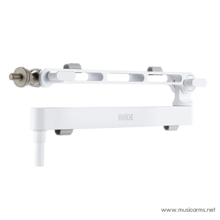 White adjustable microphone arm/boom with desk clamp for positioning a mic in a studio setup (RODE). ขายราคาพิเศษ