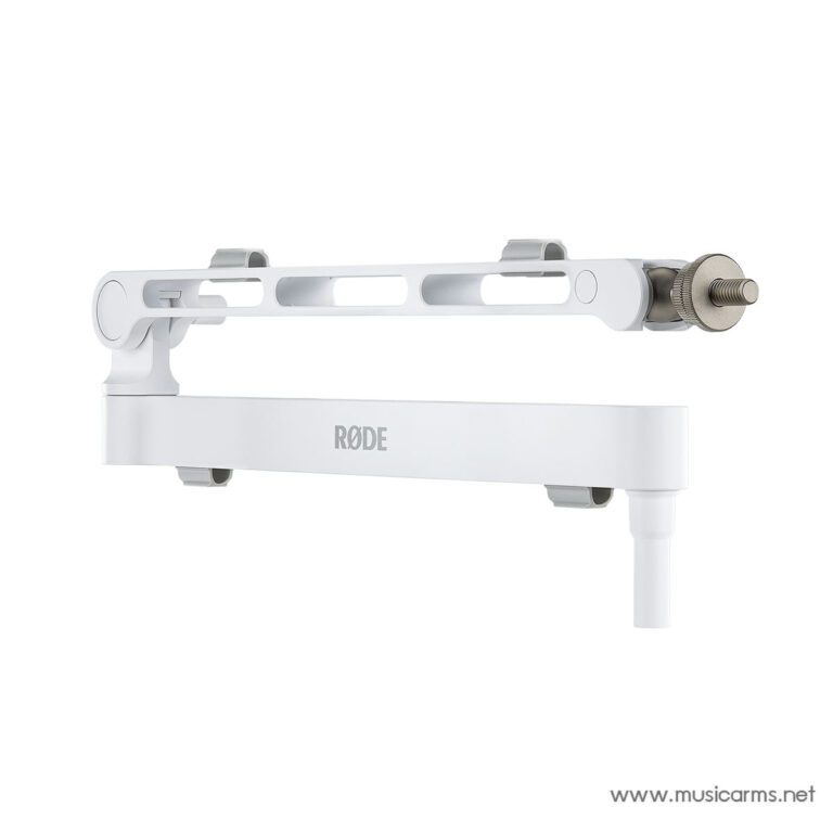 White RØDE microphone boom arm with adjustable joints and clamp, mounted on a stand. ขายราคาพิเศษ