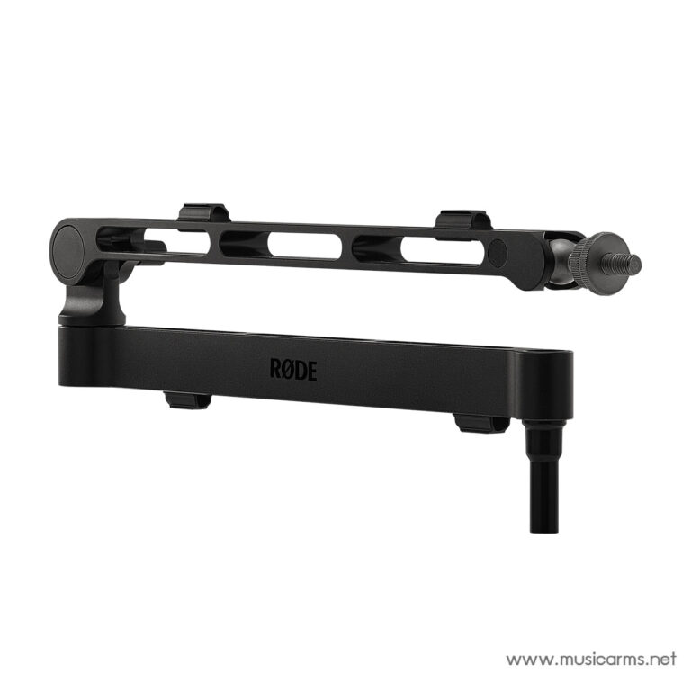 Black RØDE mounting bracket with a long perforated top rail and a knurled screw on the right, used to attach accessories to a camera rig or tripod. ขายราคาพิเศษ