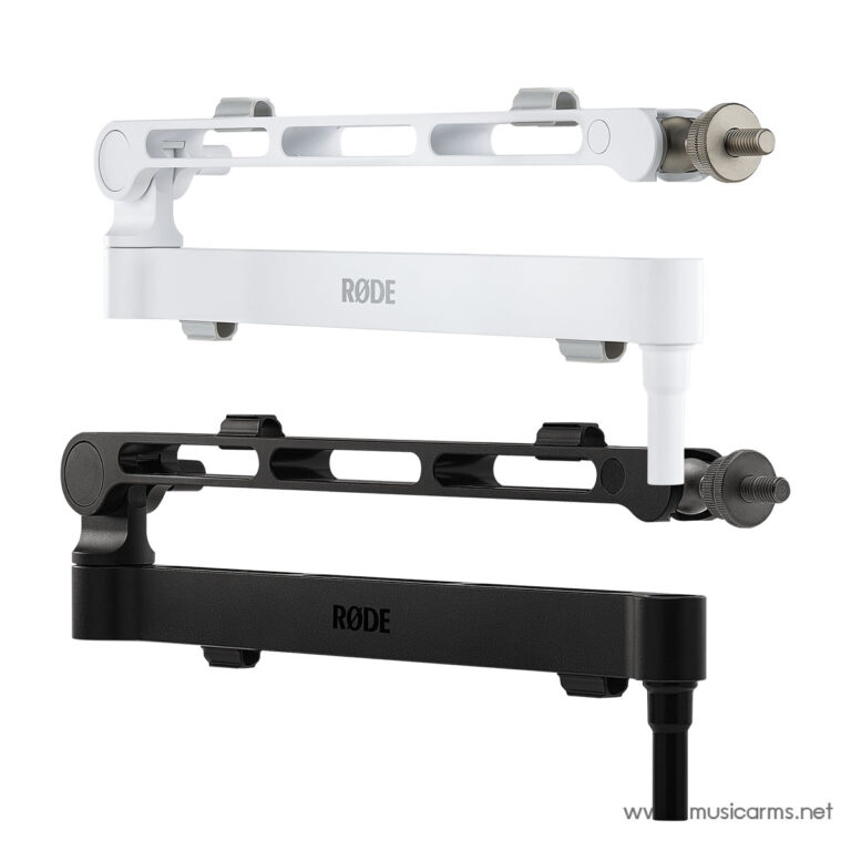 Three RØDE microphone arms in white, white/gray, and black, showing their adjustable booms and desk clamps ขายราคาพิเศษ