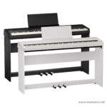 Two digital pianos on stands, white instrument in front and black one behind, with foot pedals visible underneath. ลดราคาพิเศษ