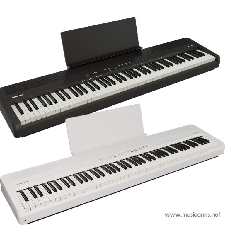 Two 88-key digital pianos (black and white) with attached music stands, shown from an angled side view on white background. ขายราคาพิเศษ