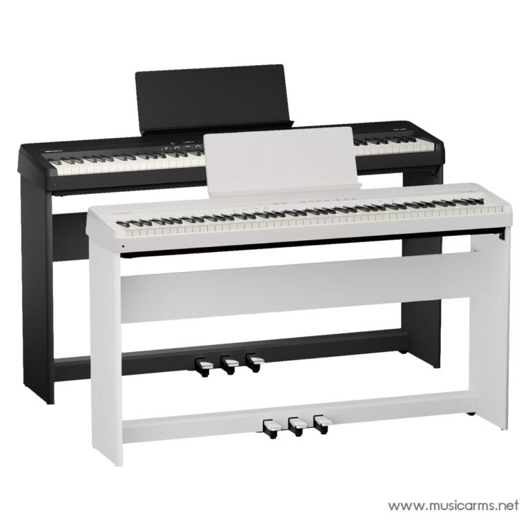 Two digital pianos on stands, white instrument in front and black one behind, with foot pedals visible underneath. ขายราคาพิเศษ