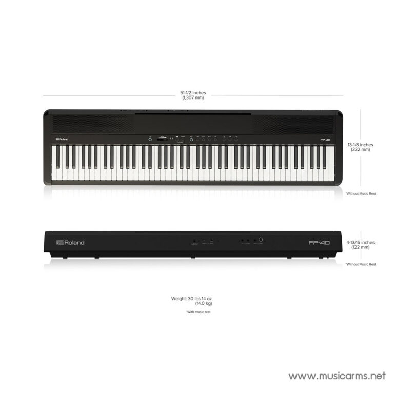 Roland FP-40 digital piano shown in front and side views with dimensions and weight for sizing (51.5 in wide, 13.125 in high, 4.812 in deep). ขายราคาพิเศษ