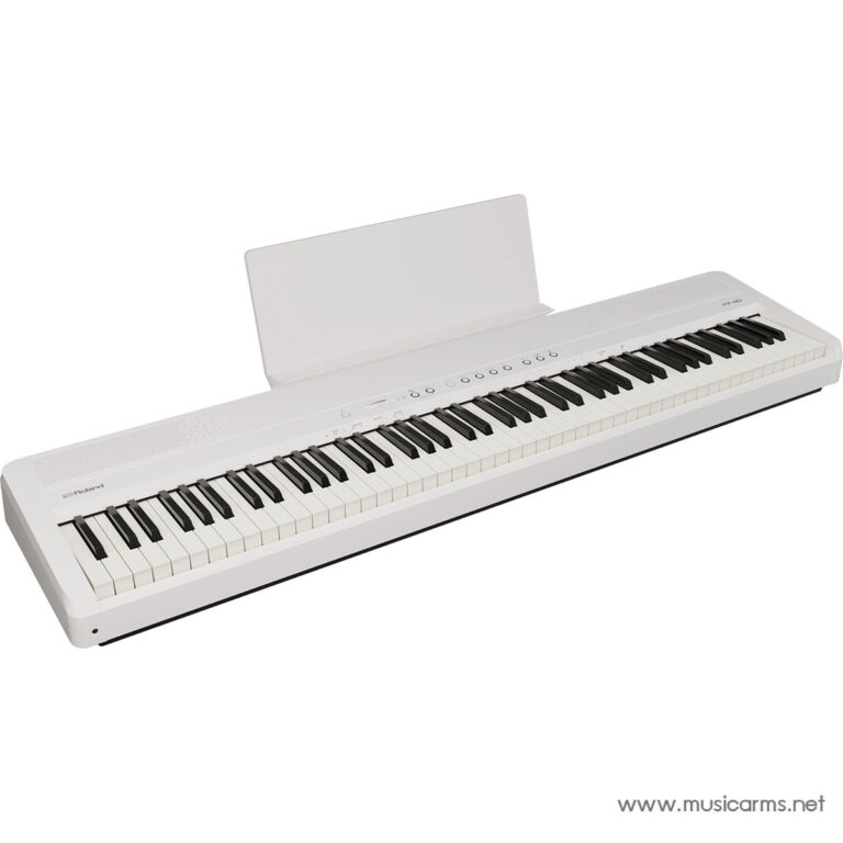 White digital piano keyboard with built-in speakers and music stand, angled view. ขายราคาพิเศษ
