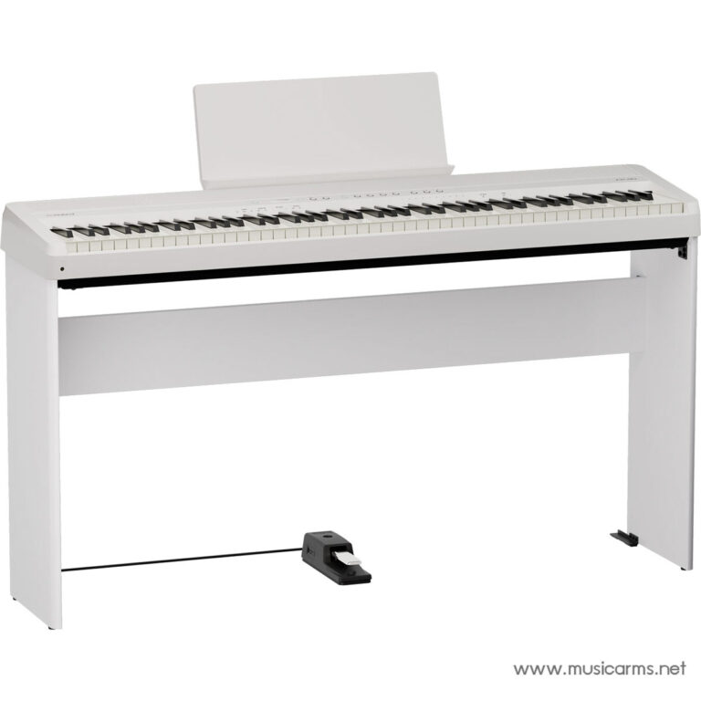 White digital keyboard on a matching stand with a sustain pedal on the floor in front of it ขายราคาพิเศษ