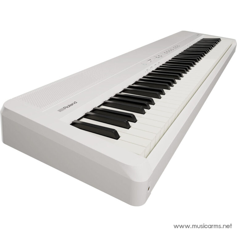 White digital keyboard piano with black and white keys, angled view showing Roland brand. ขายราคาพิเศษ
