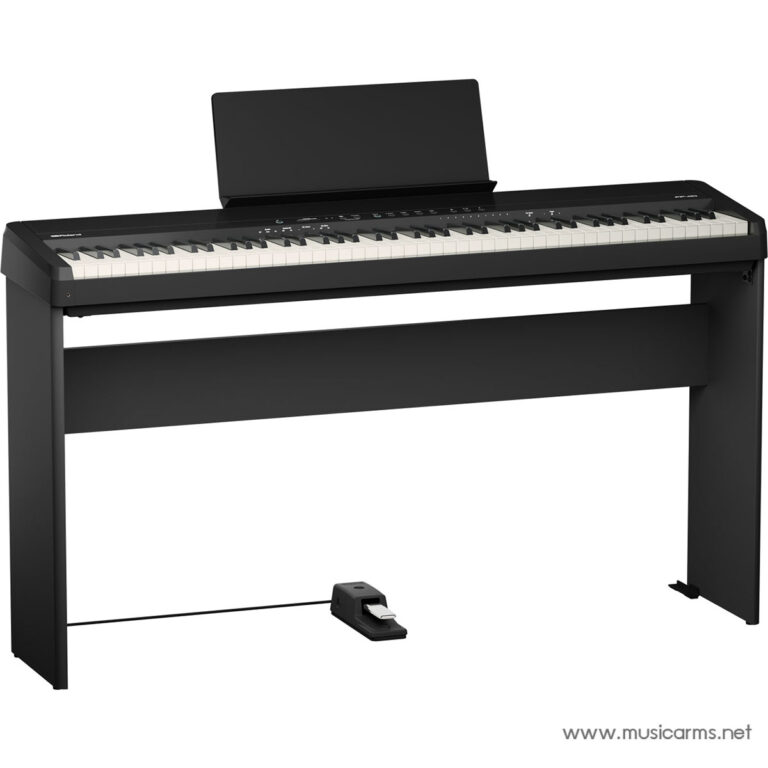 Black digital piano on a stand with a foot pedal connected by a cable, shown against a white background. ขายราคาพิเศษ