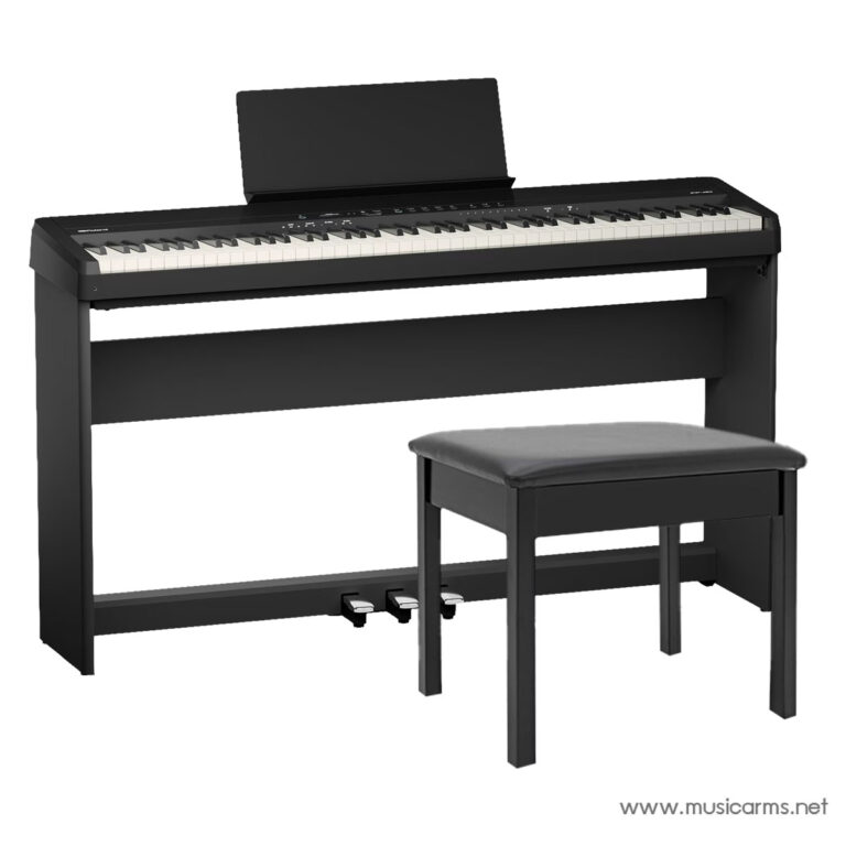 Black digital piano with a matching cushioned bench, pedals, and music stand visible. ขายราคาพิเศษ