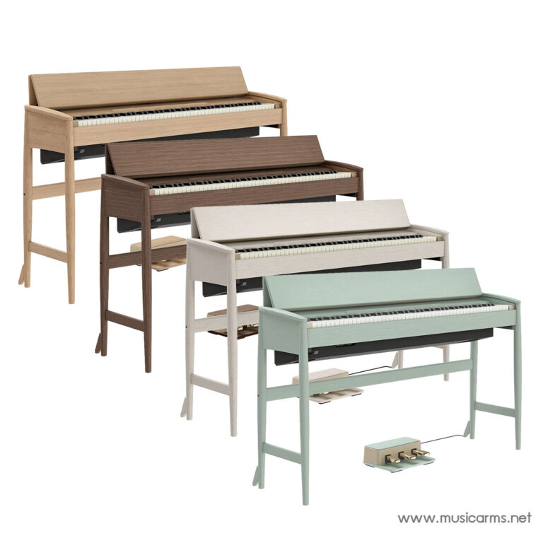 Four compact upright pianos in different finishes (natural, dark brown, white, and mint green) arranged in a stepped display, each with a matching lid and pedals visible. ขายราคาพิเศษ